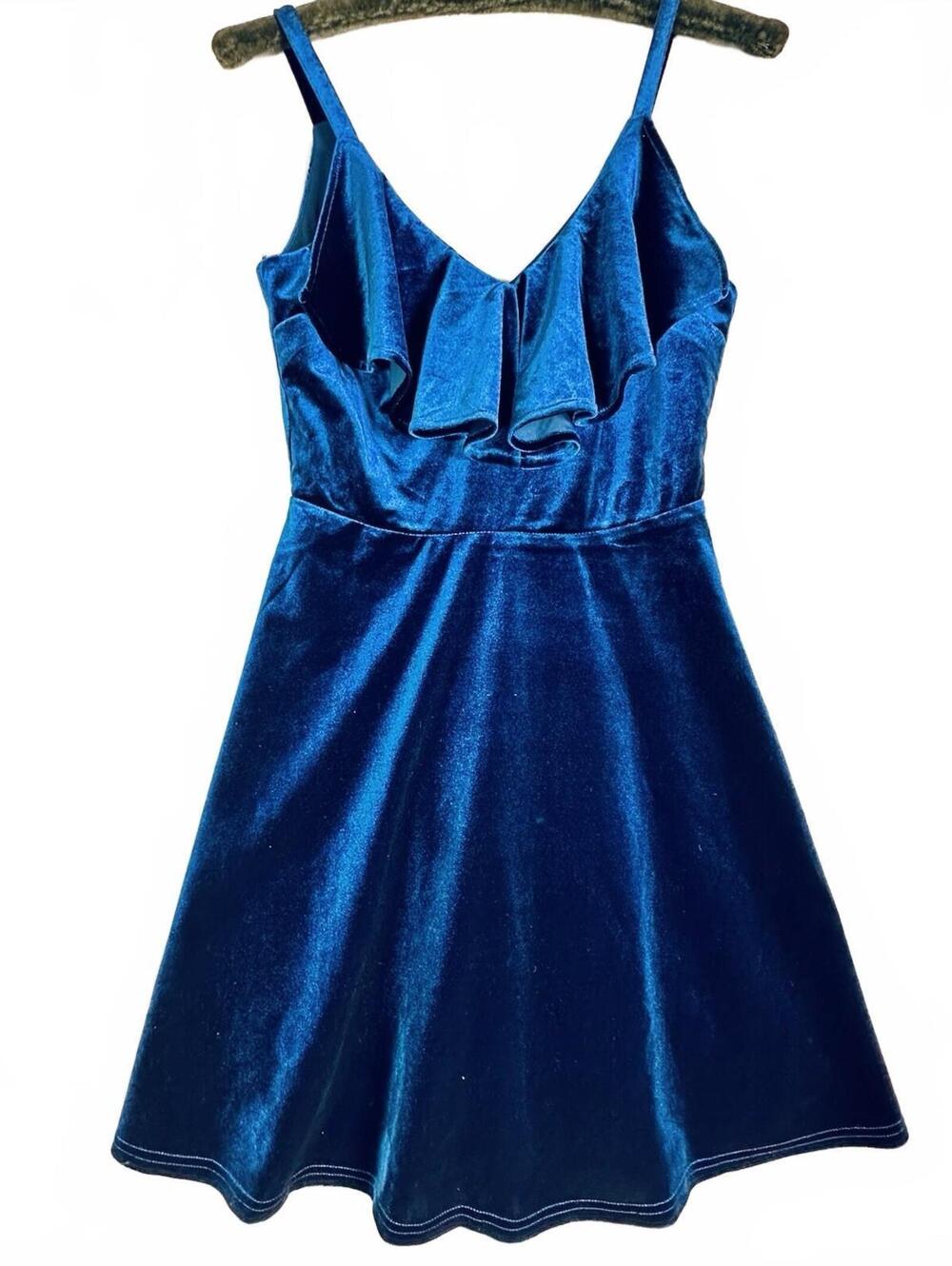 Joa Teal Blue Velvet Skater  Dress Y2K  Gothic Glam Romantic Party Ruffle Sz S